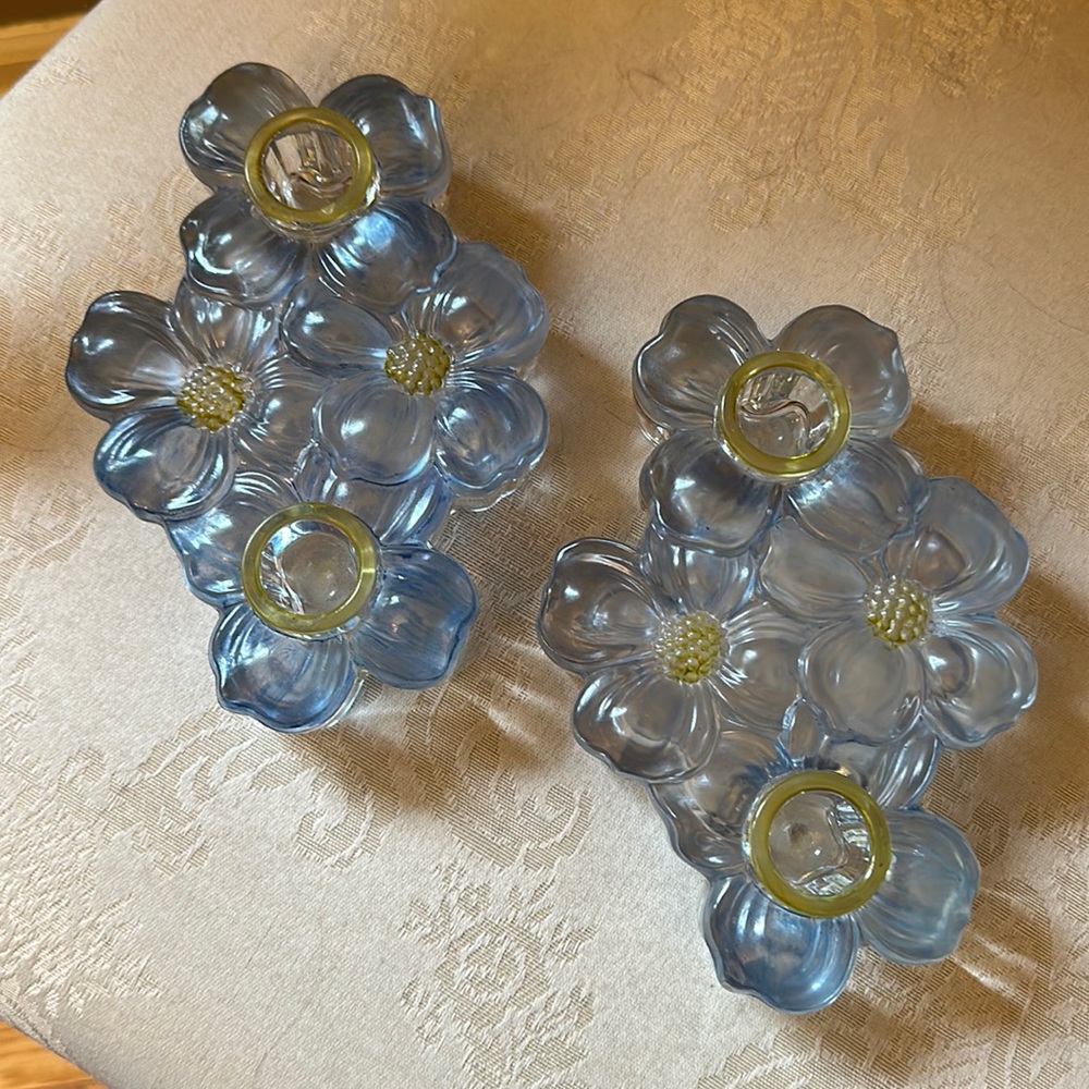 Indiana Glass for Lancaster Colony Blue Stain Dogwood Blossom candle holder